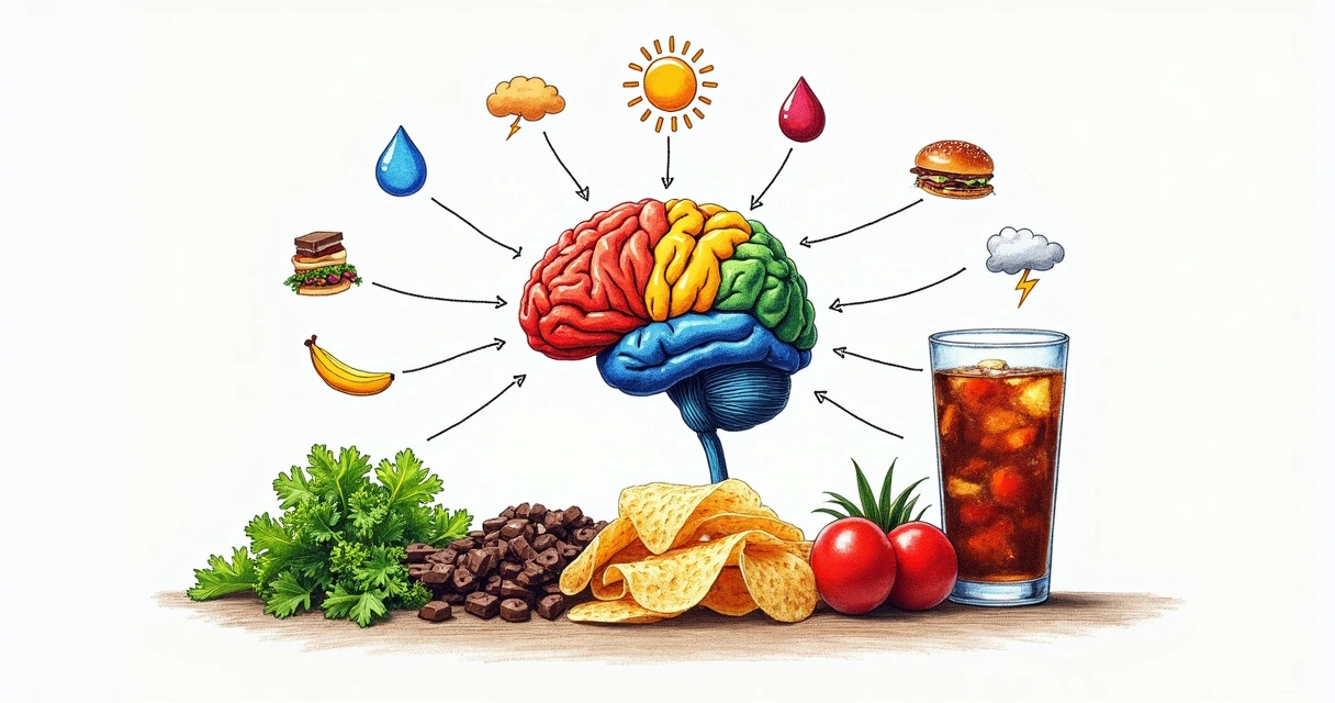 Desenho de cérebro colorido e alimentos diversos ao redror 