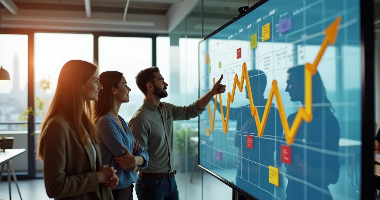 Colaboradores em sala corporativa colaborando e sorrindo com gráficos coloridos ao fundo