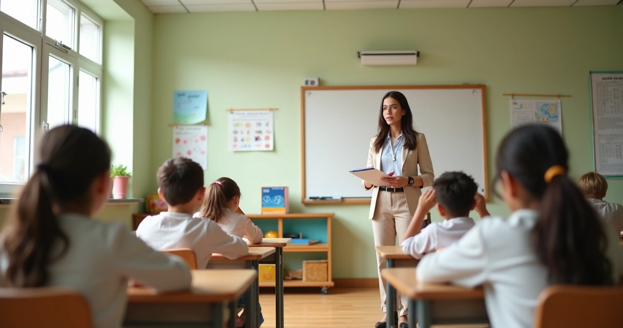 Professora observa alunos em sala de aula com diferentes reações emocionais 