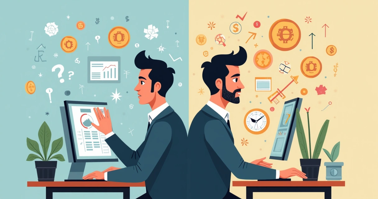 Pessoa analisando dados em computador com rosto dividido entre expressão racional e emocional 