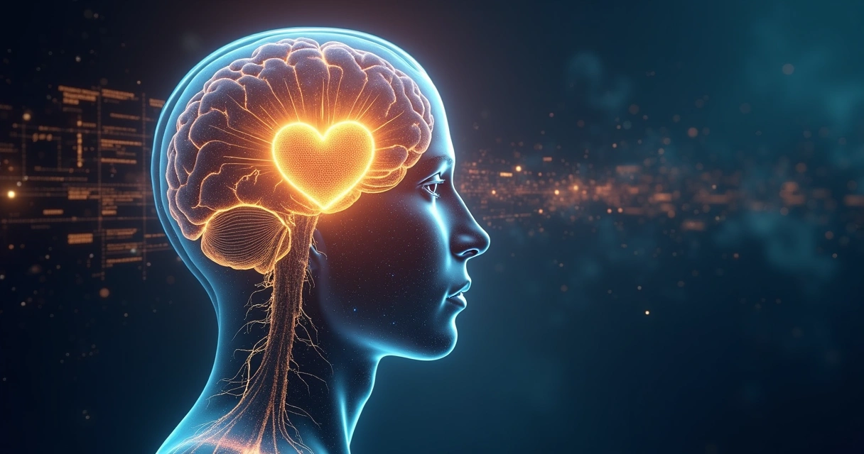 Cérebro humano em fusão com coração luminoso no centro da cabeça 