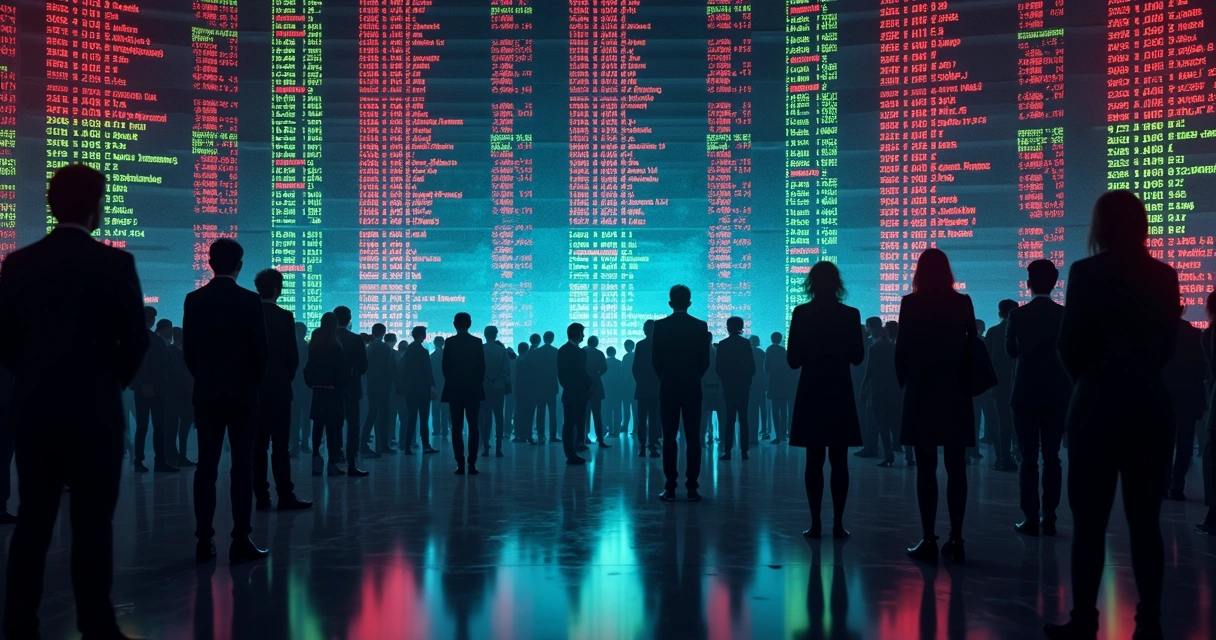 Painel de bolsa de valores com multidão olhando atenta 