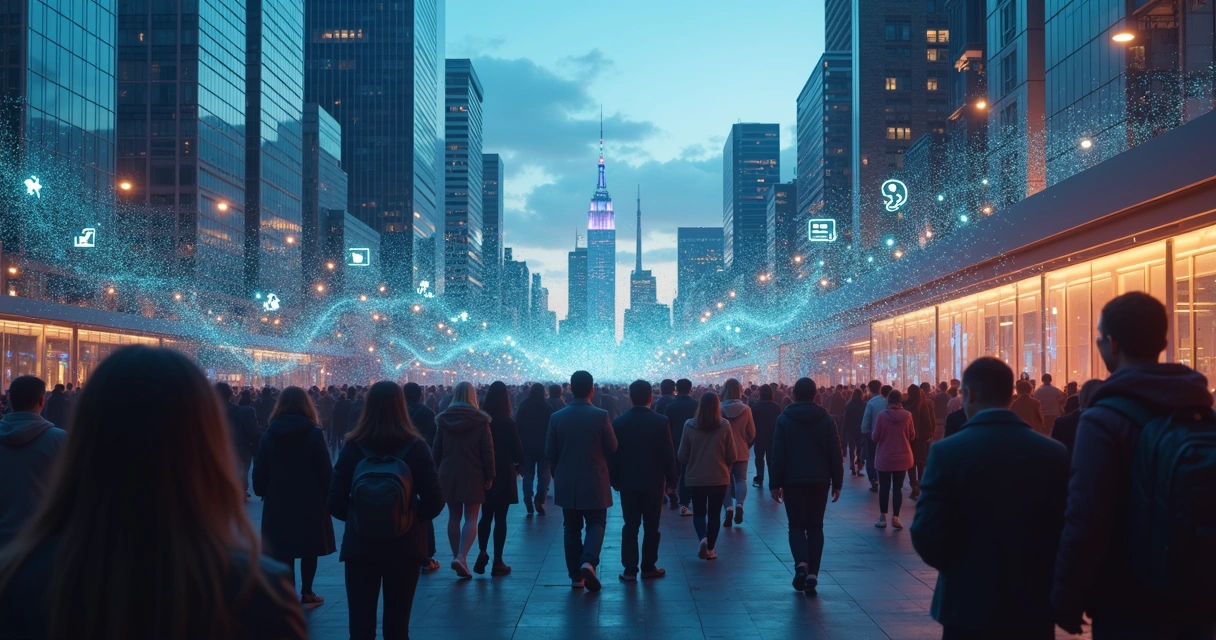 Multidão em cidade futurista conectada por campo de energia emocional 