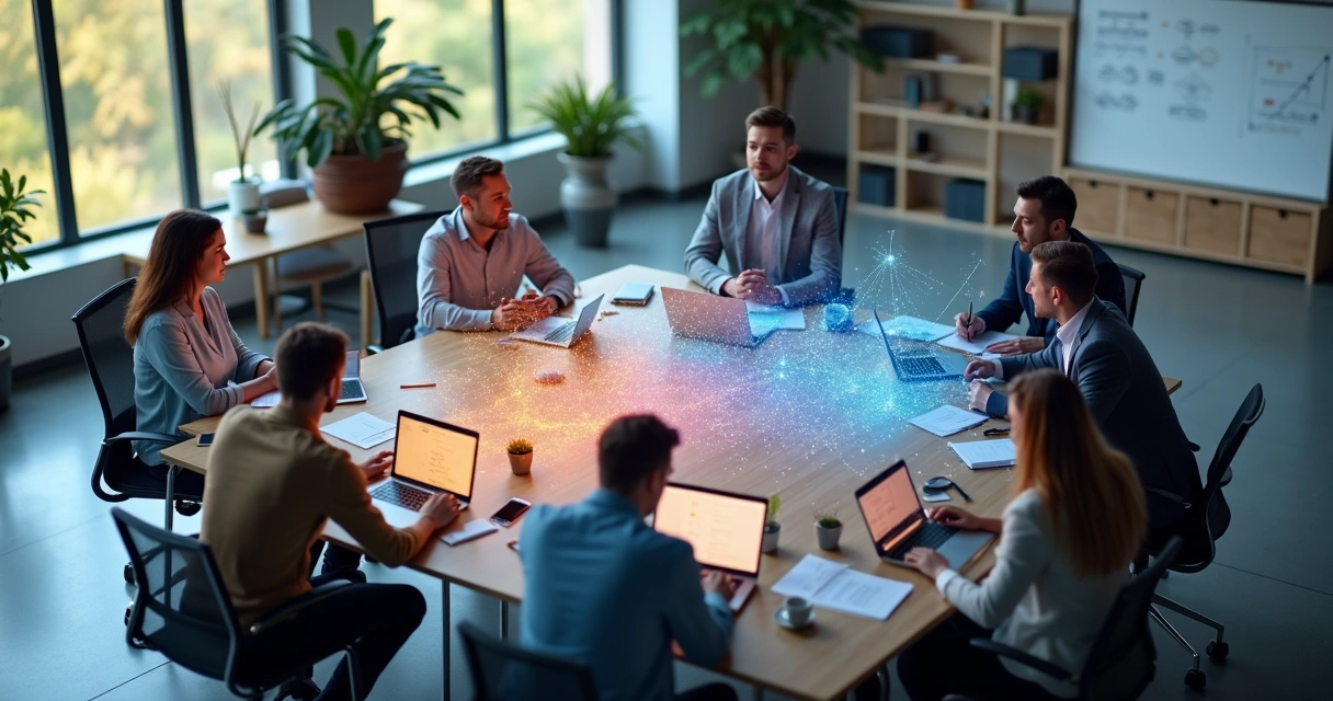 Equipe em escritório vista de cima conectada por rede luminosa representando emoções coletivas 