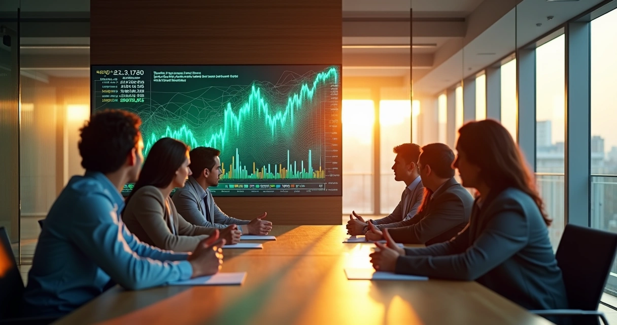 Equipe em mesa de reunião conectando emoções a gráficos financeiros em grande tela 