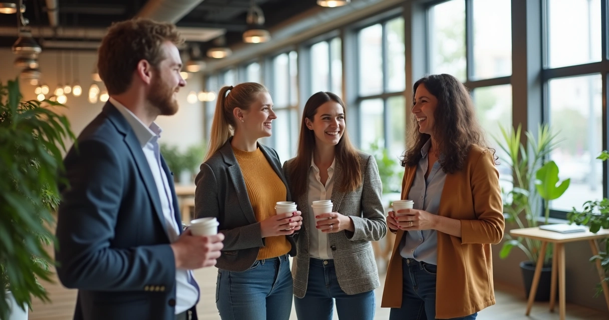Pessoas sorrindo em conversa informal na empresa 