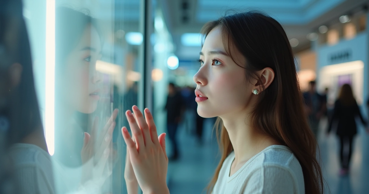 Pessoa olhando vitrine de loja, expressão pensativa