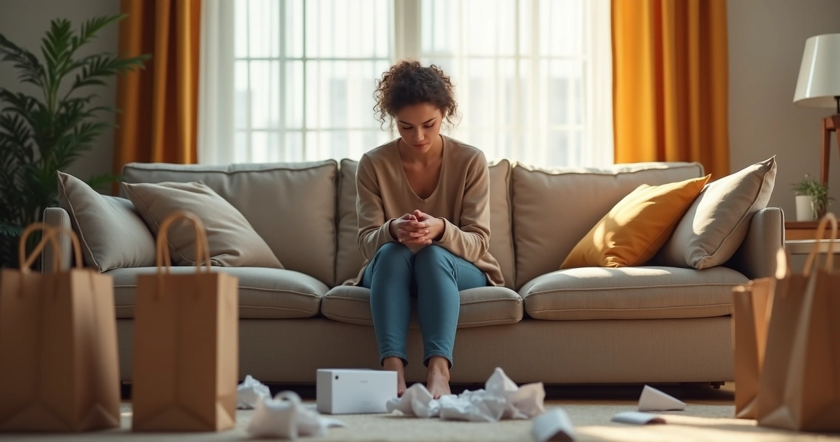 Pessoa sentada em sala pensando após compras por impulso 
