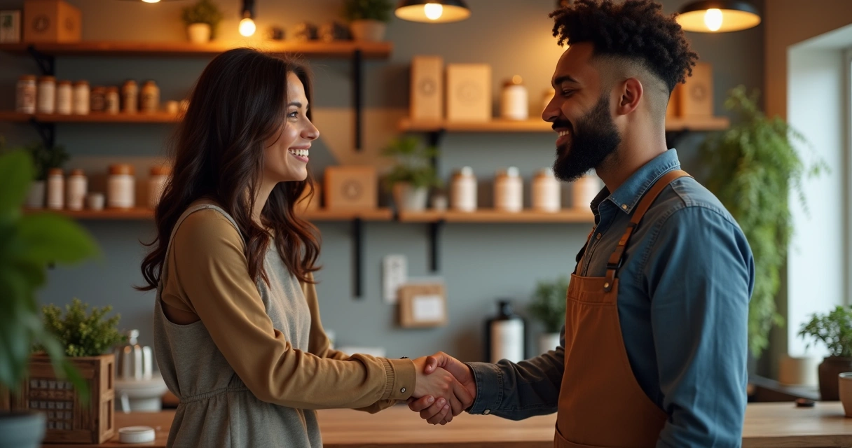 Pequeno empresário cumprimentando cliente sorrindo com ambiente acolhedor 