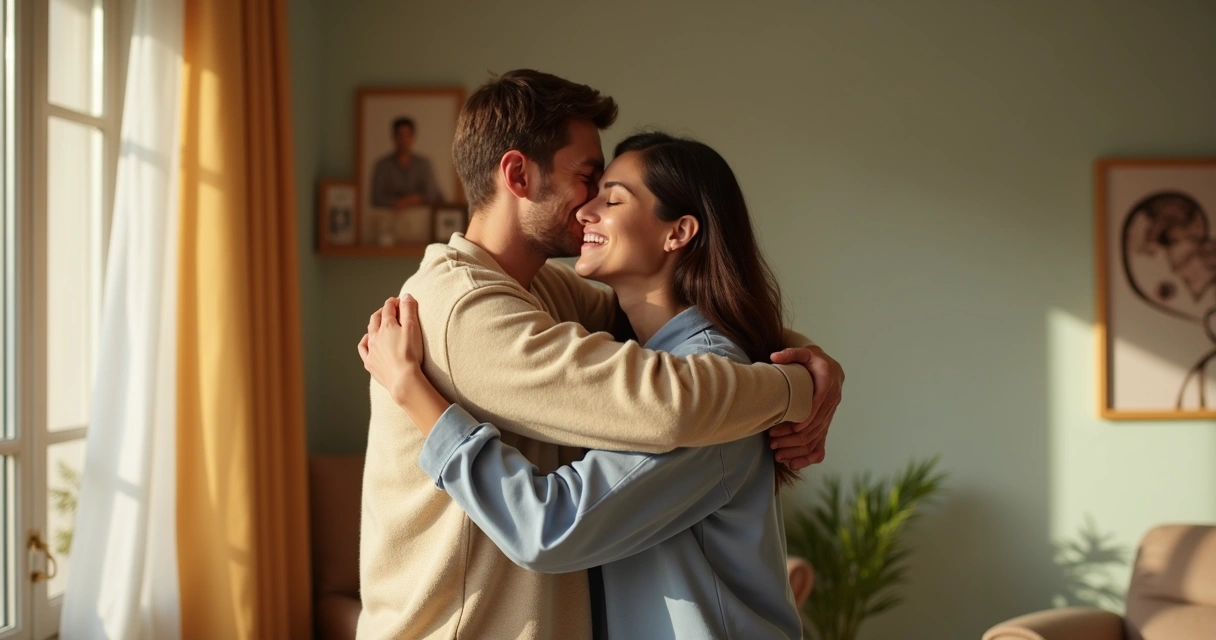 Duas pessoas se abraçando com expressão de alívio e empatia 