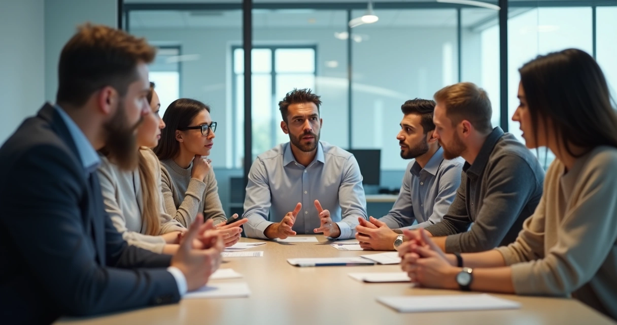 Colegas em uma reunião mostrando expressões variadas de emoção