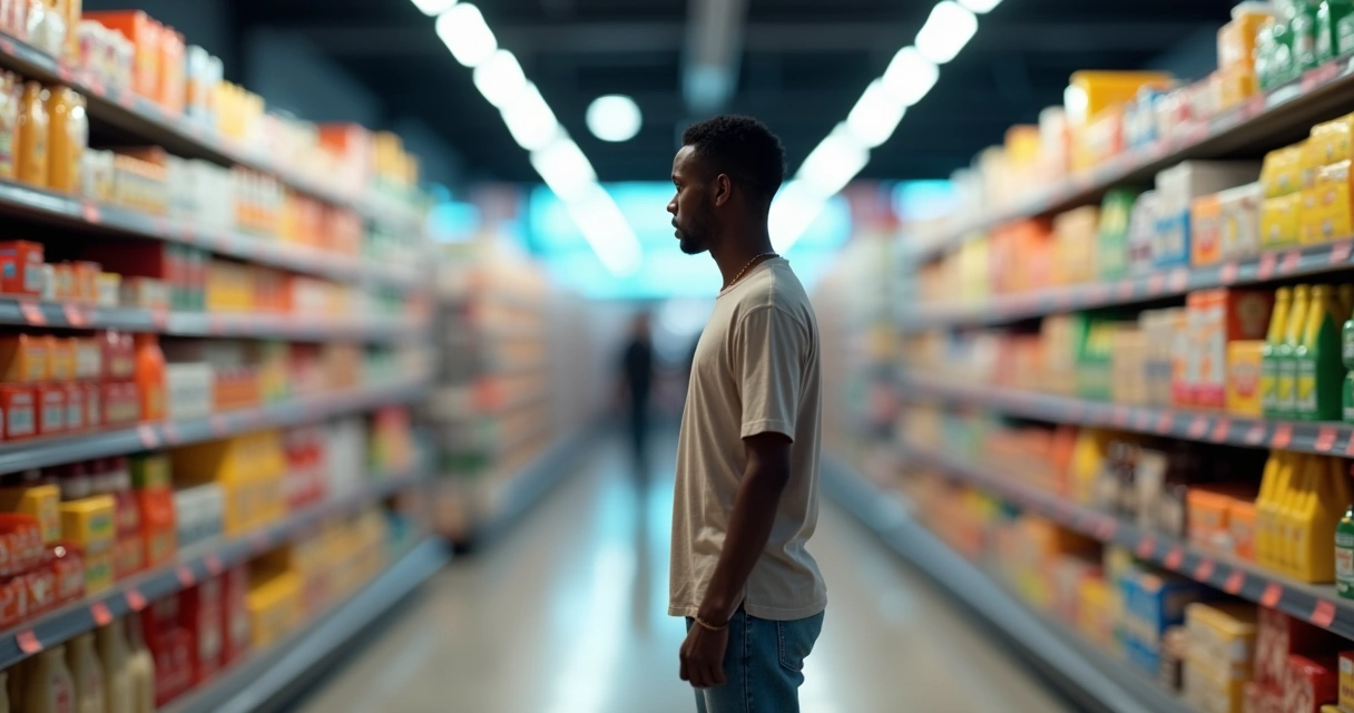 Pessoa em frente a prateleira de mercado com símbolos de emoção e influências sociais 