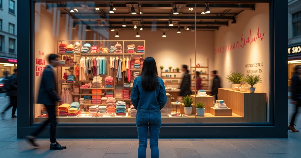 Mulher observa vitrine urbana dividida entre produtos coloridos e área minimalista calma 