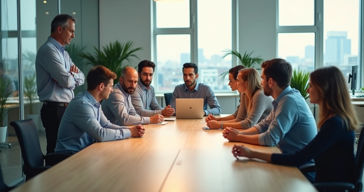 Equipe em escritório moderno com ondas de cores representando contágio emocional no ambiente 
