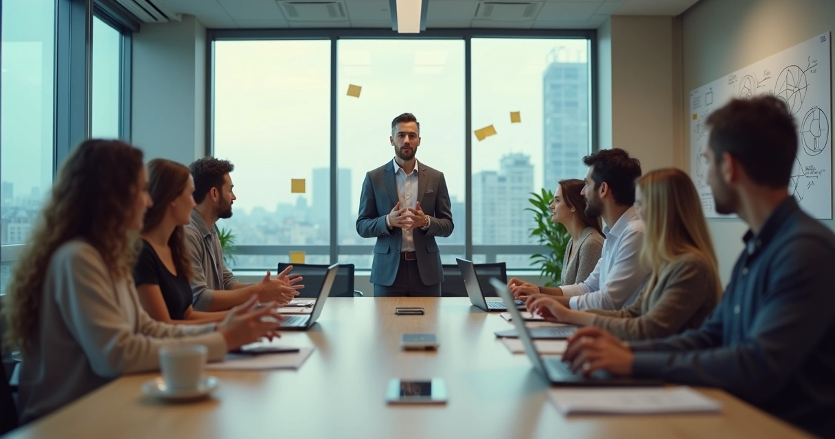 Equipe em reunião mostrando expressão emocional contagiante 