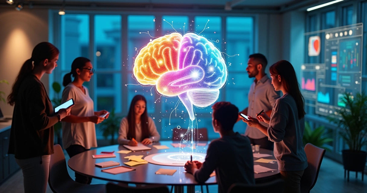 Profissionais em laboratório criativo observando projeção colorida de cérebro e ideias 
