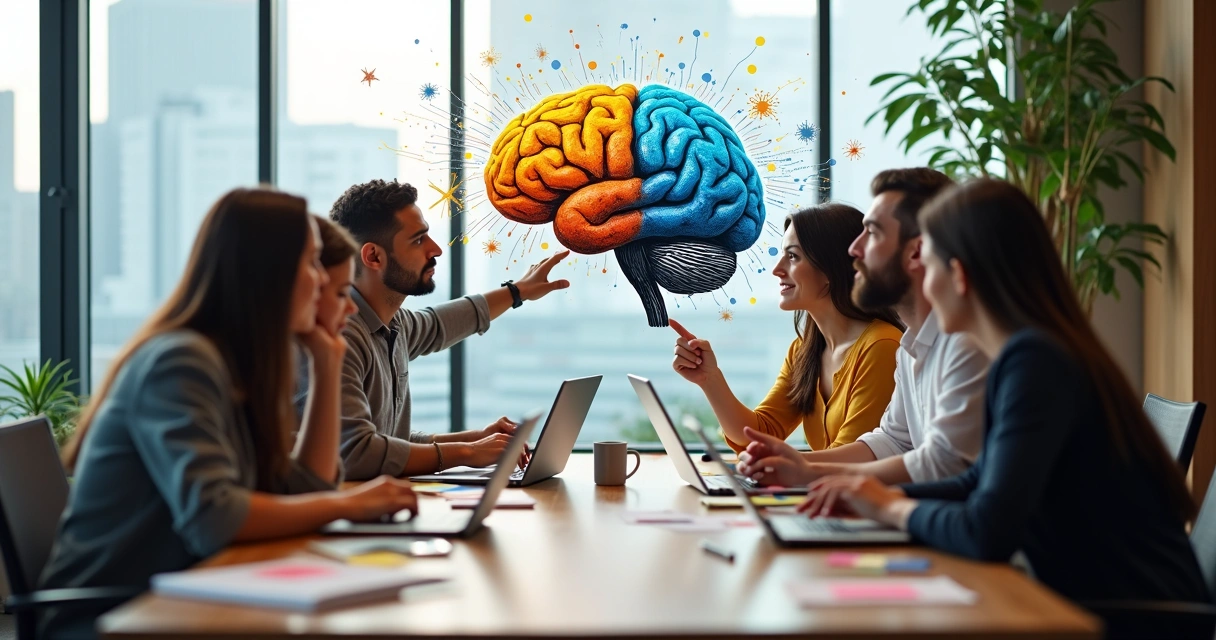 Equipe diversa em escritório moderno colaborando com elementos visuais de emoções e criatividade 