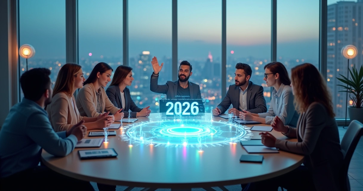 Grupo diverso em reunião votando em mesa redonda com painel de dados e ondas coloridas representando emoções 