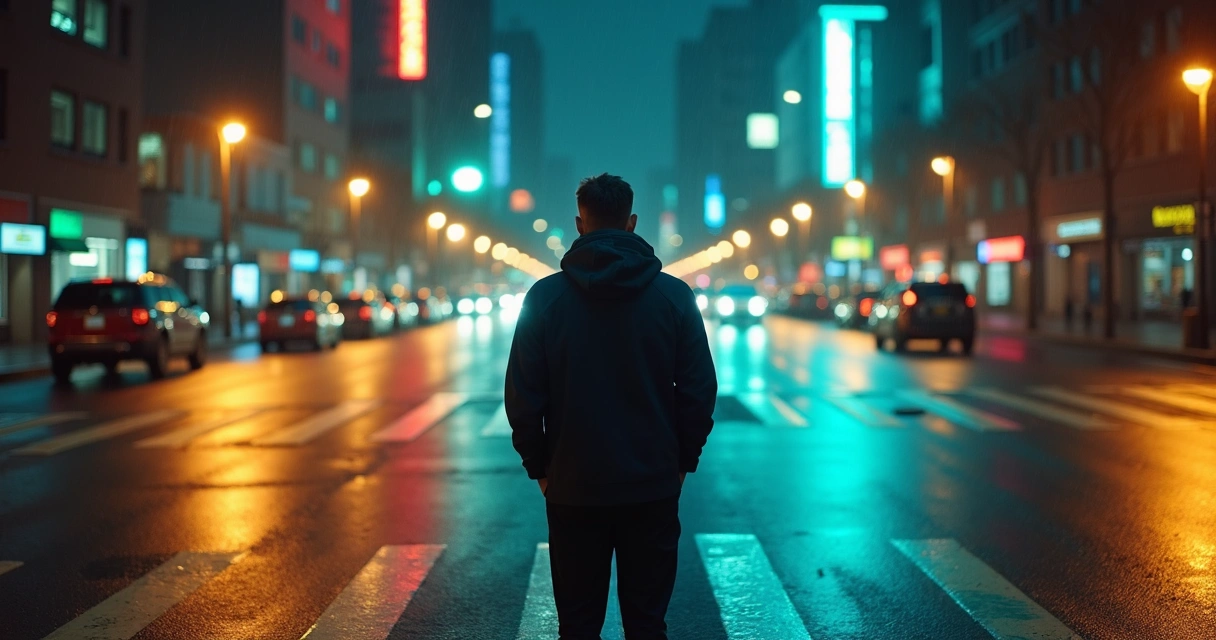 Pessoa parada em cruzamento noturno colorido diante de diferentes caminhos iluminados 