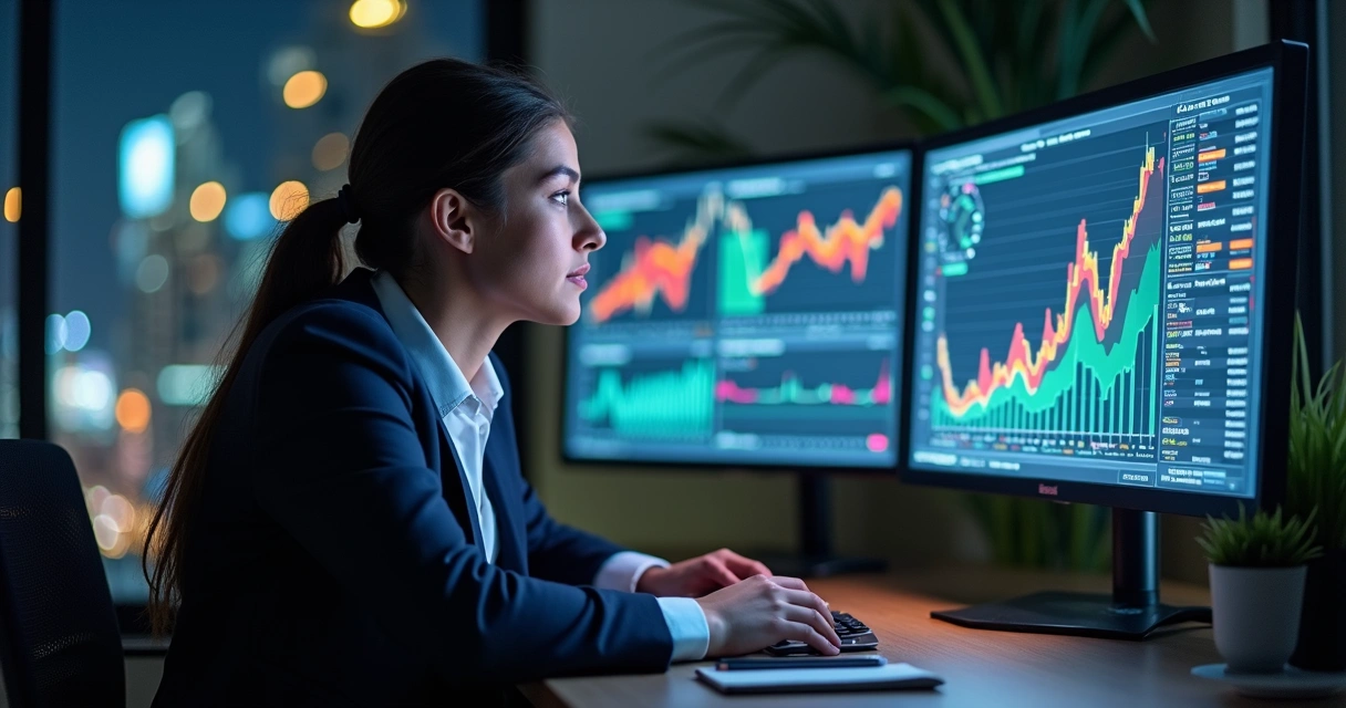 Pessoa refletindo diante de gráficos financeiros