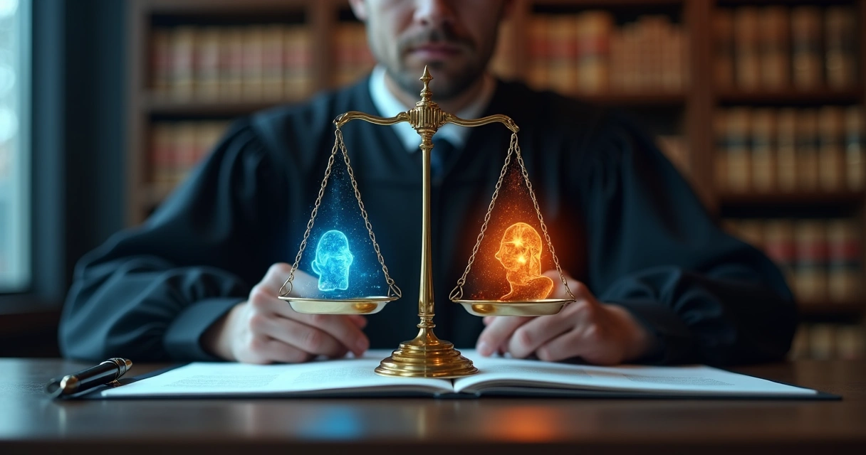 Juiz segurando balança dourada dividida entre razão fria e emoção aquecida 