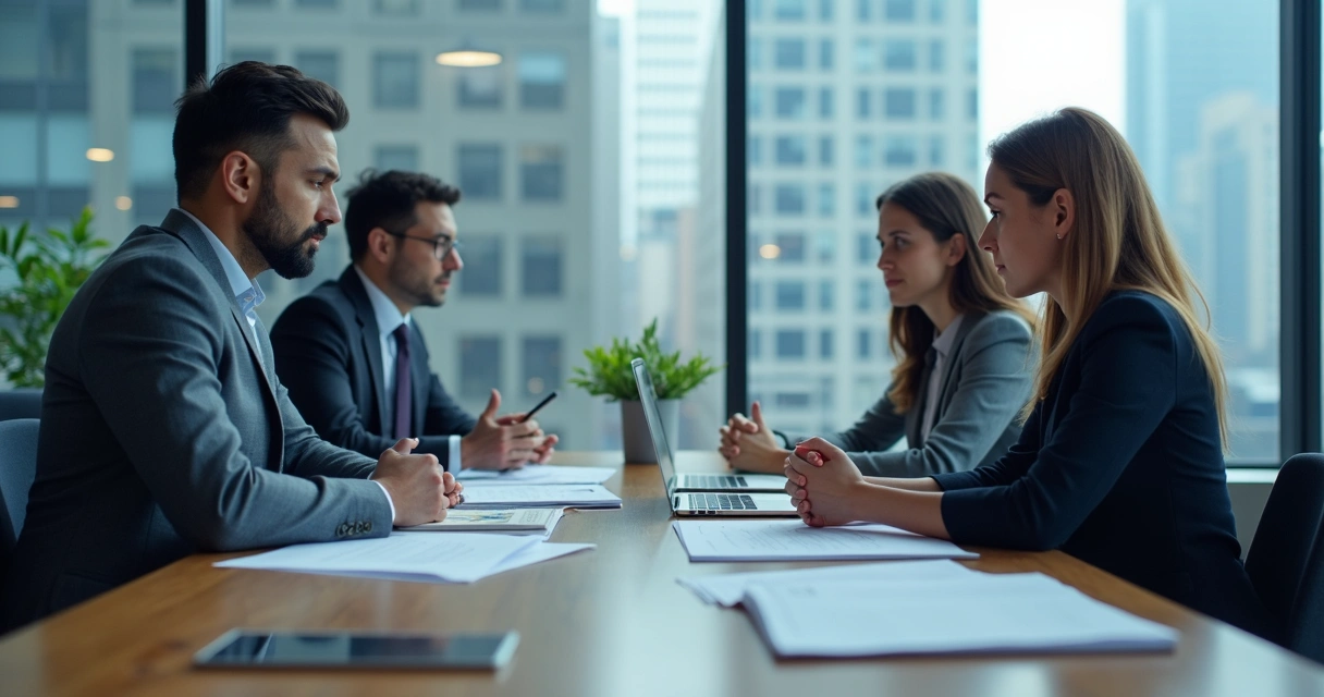 Profissionais reunidos em mesa de escritório, expressões variadas, uns tensos, outros atentos, papéis e laptops à vista 