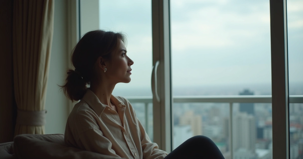 Pessoa olhando para fora da janela, expressão distante 