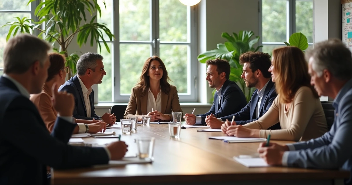 Mesa de reunião com pessoas de perfis diversos discutindo com empatia