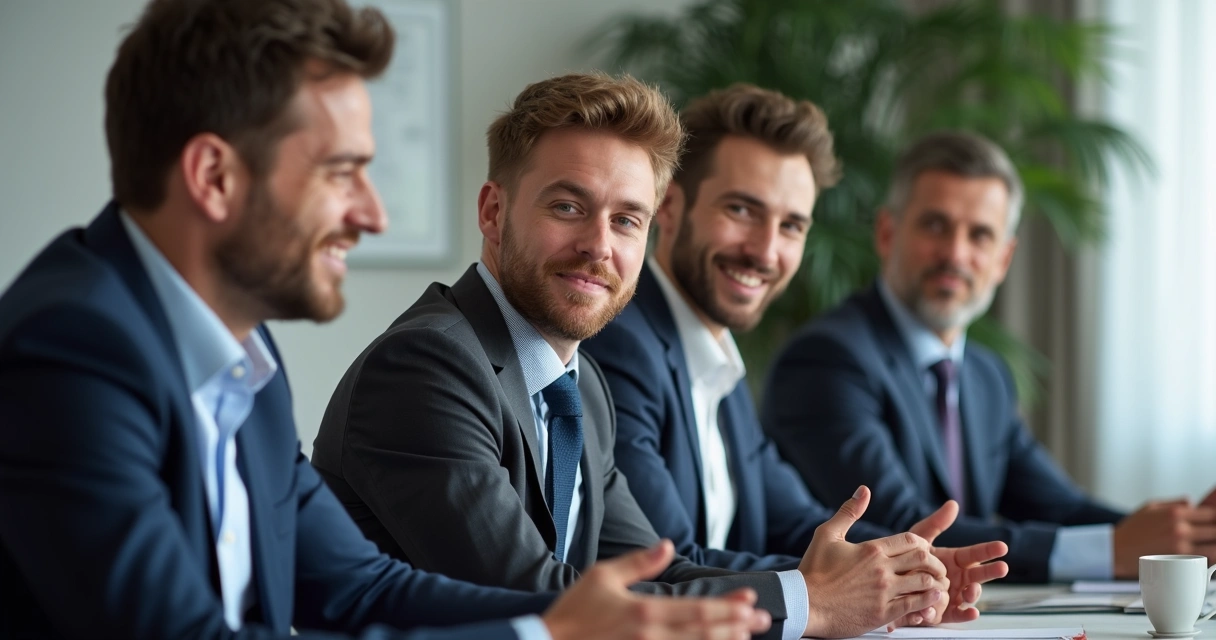 Executivos em mesa de negociação com expressões de empatia e escuta 
