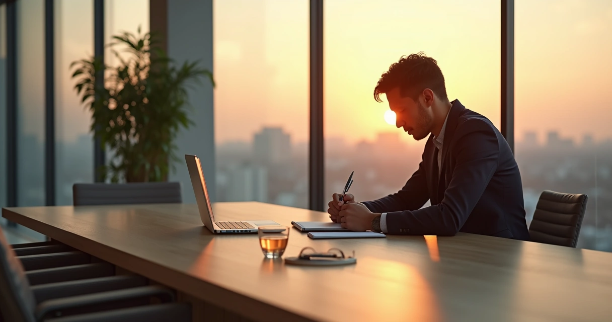 Profissional refletindo em silêncio em sala de reunião vazia 