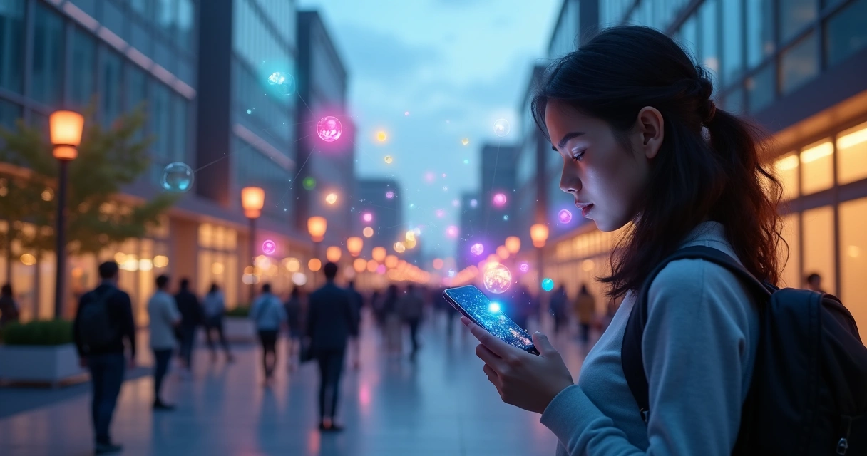 Multidão em praça à noite com emoções coloridas conectadas por símbolos digitais 
