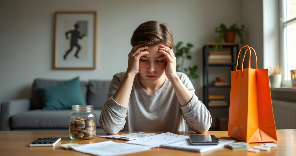 Pessoa preocupada analisando finanças com sombra emocional ao fundo 