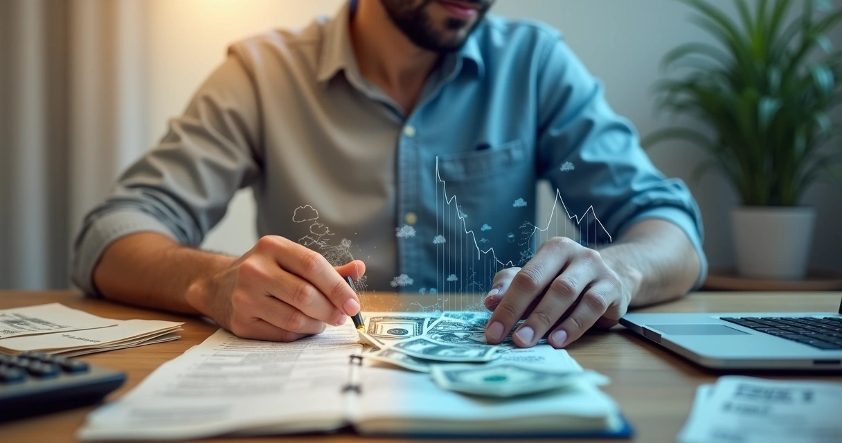 Pessoa segurando notas de dinheiro dividida entre calma e ansiedade 