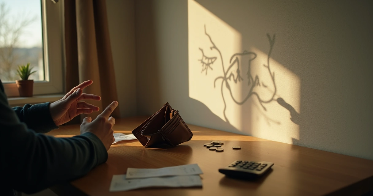 Pessoa olhando carteira vazia com sombras emocionais projetadas na parede 