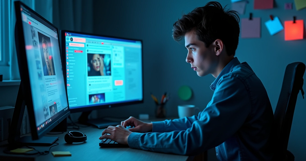 Pessoa olhando para tela com múltiplas janelas de redes sociais e expressões emocionais conflitantes 