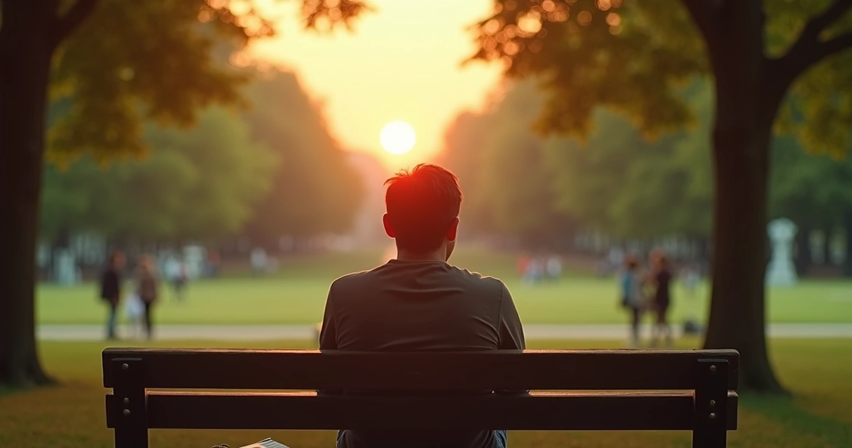 Pessoa olhando para o horizonte em um parque ao entardecer 