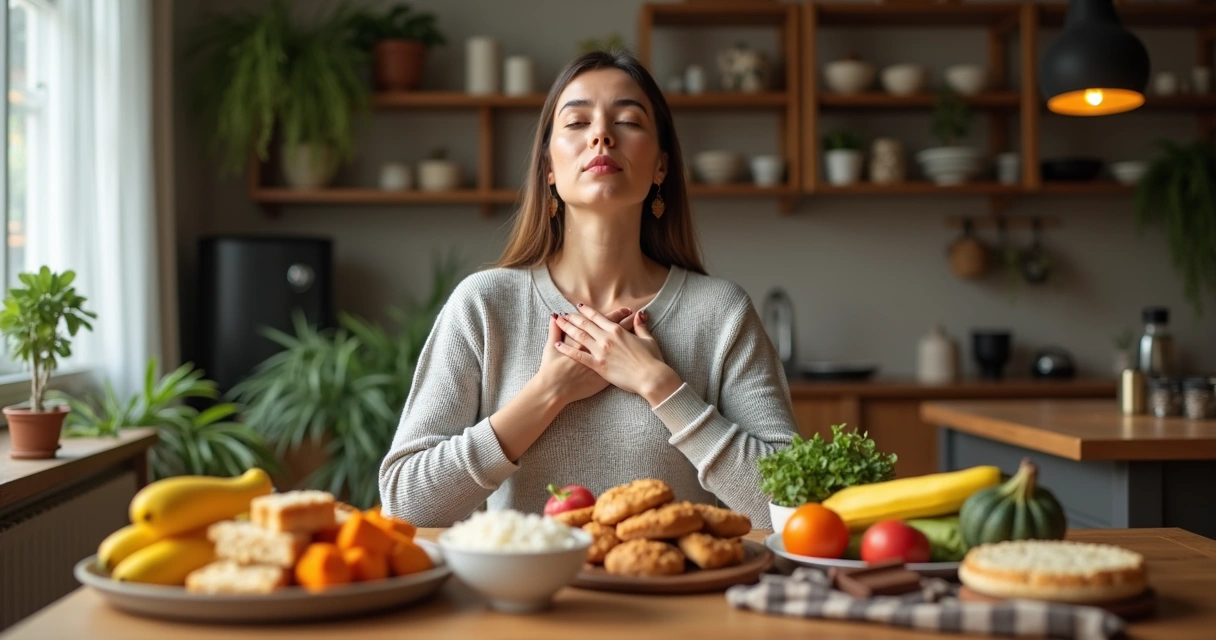 Mesa com alimentos variados e mulher com mãos no coração. 