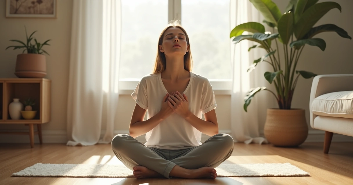 Mulher com expressão serena sentada com as pernas cruzadas e olhos fechados, mãos no peito