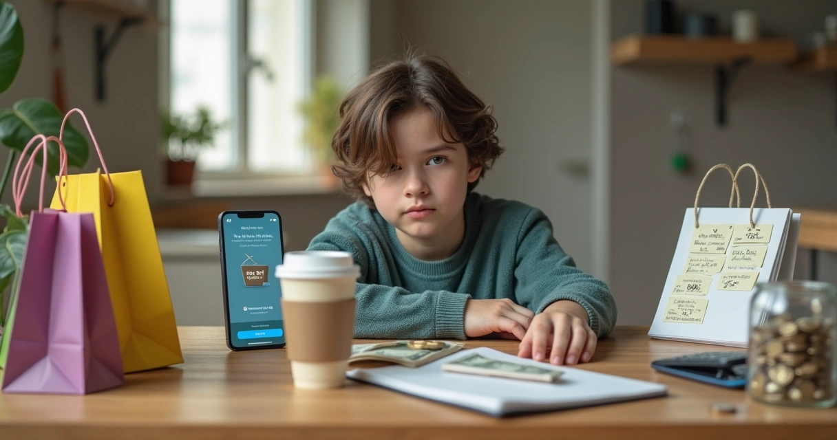 Pessoa dividida entre impulso emocional e escolha financeira racional diante de compras e contas 