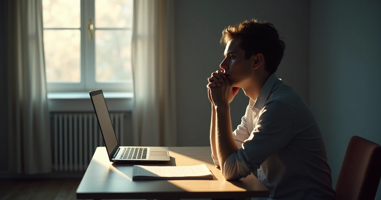 Pessoa sentada em frente ao computador refletindo sobre emoções 