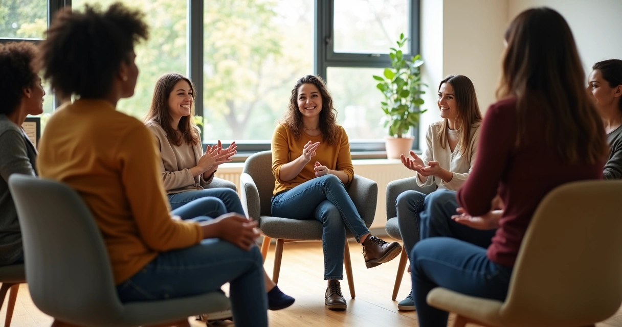 Grupo de pessoas sentadas em círculo conversando sobre experiências financeiras 