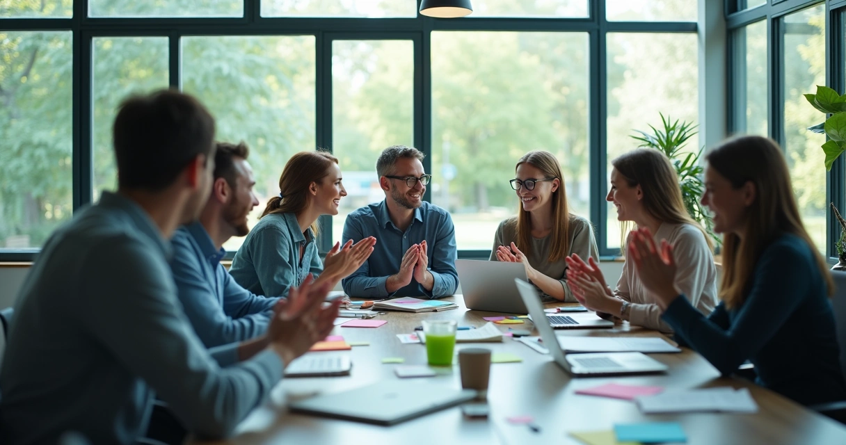 Sorrisos entre colegas de trabalho em sala corporativa 