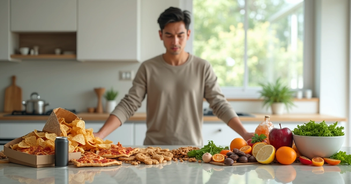 Pessoa escolhendo entre alimentos saudáveis e ultraprocessados em cozinha moderna 