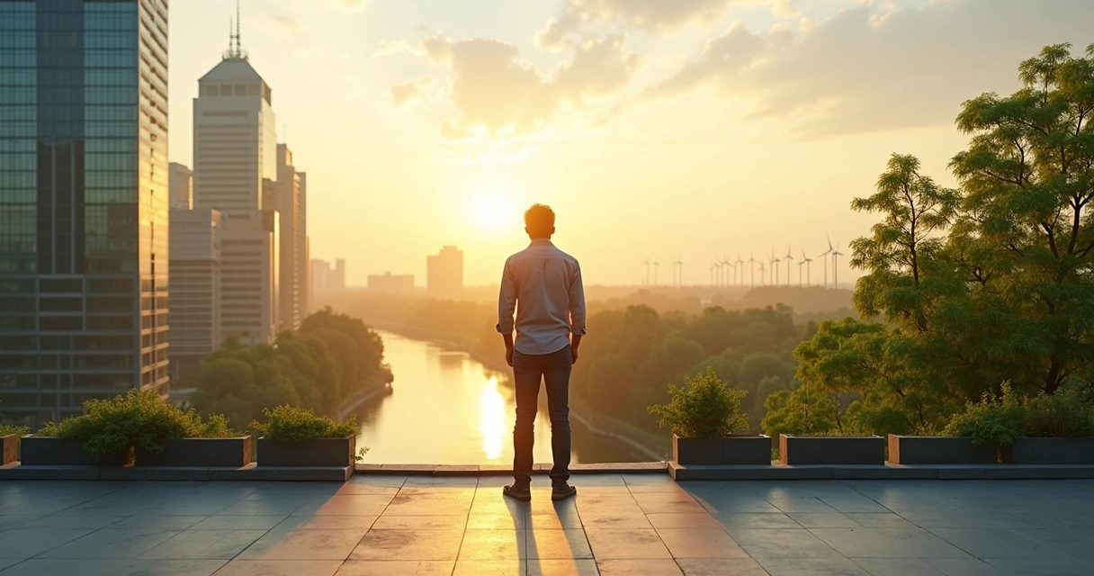 Pessoa refletindo sobre escolha profissional diante de cidade e natureza 