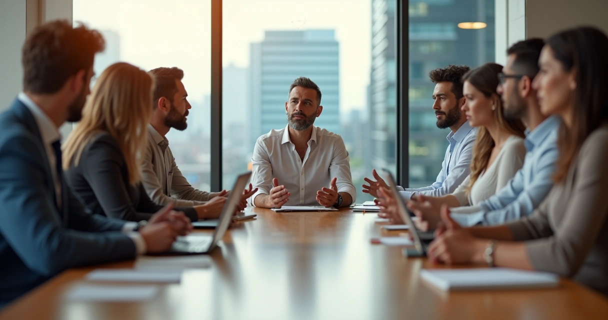 Reunião de equipe com líder sereno equilibrando emoção e ética na empresa 