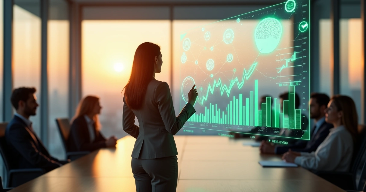 Executiva observando painel com gráficos financeiros conectados a ícones de emoções 