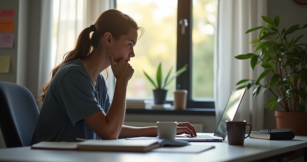 Pessoa digitando no computador, expressão pensativa, ambiente home office 