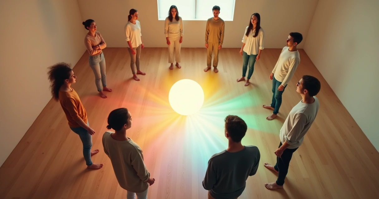 Grupo em círculo visto de cima com centro colorido representando emoções compartilhadas 