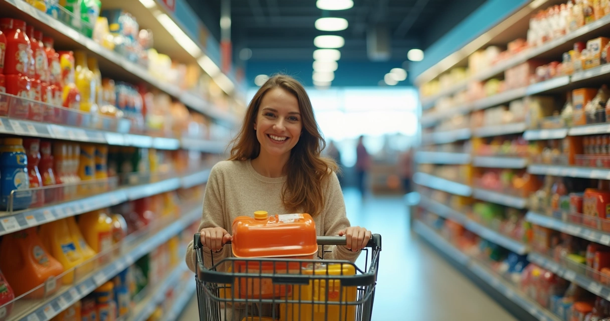 Pessoa colocando itens em carrinho de supermercado sorrindo.