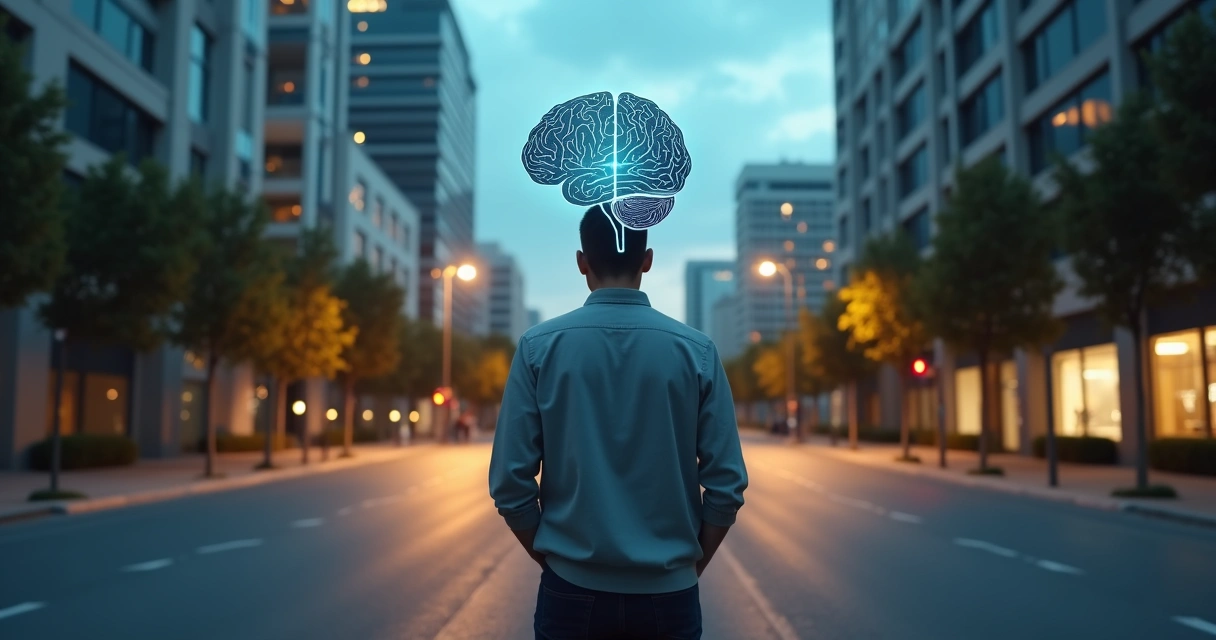 Pessoa diante de encruzilhada com silhueta do cérebro projetando formas nebulosas 